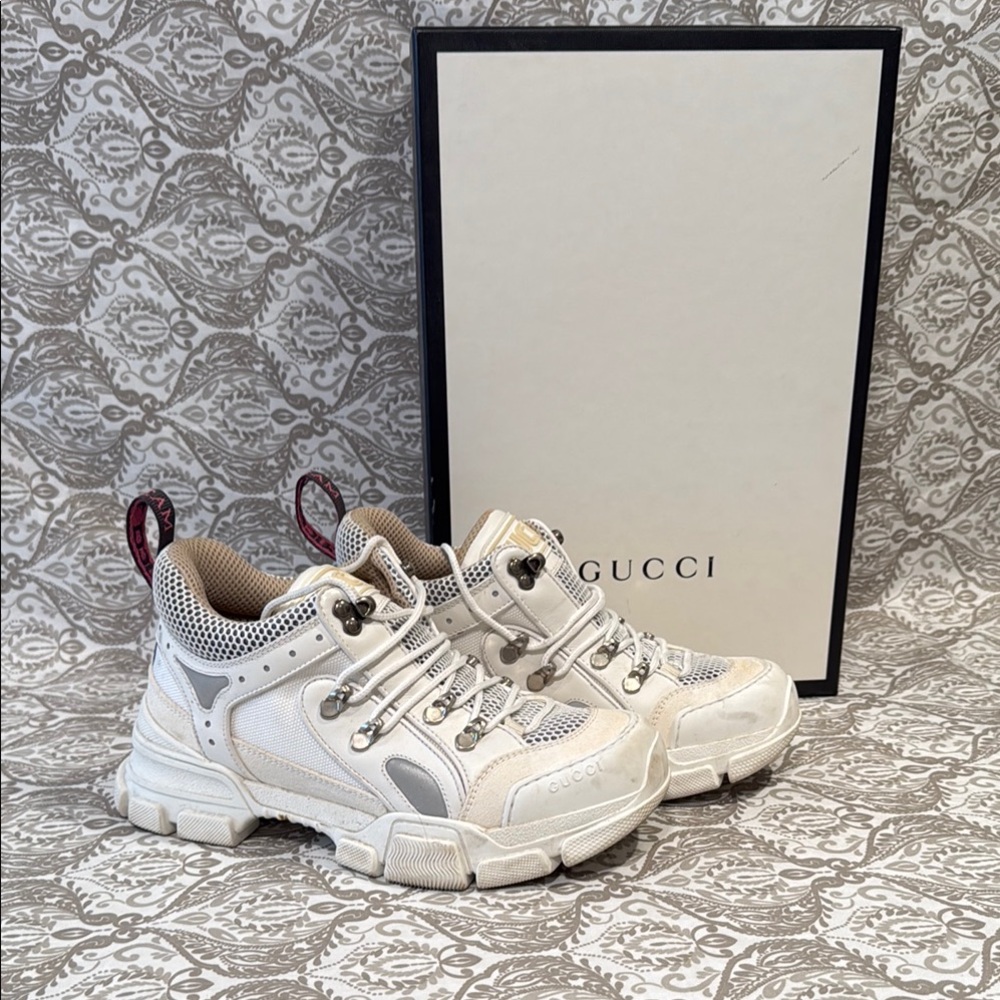 Gucci White and Gray Flashtrek Sneakers